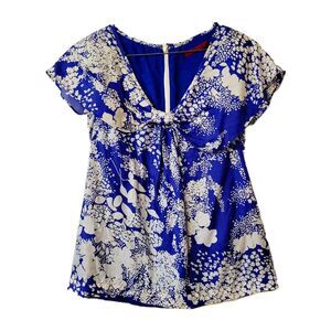 Velvet 100% Silk Blouse S Blue White Floral Bow Front V Neck Back Zip USA